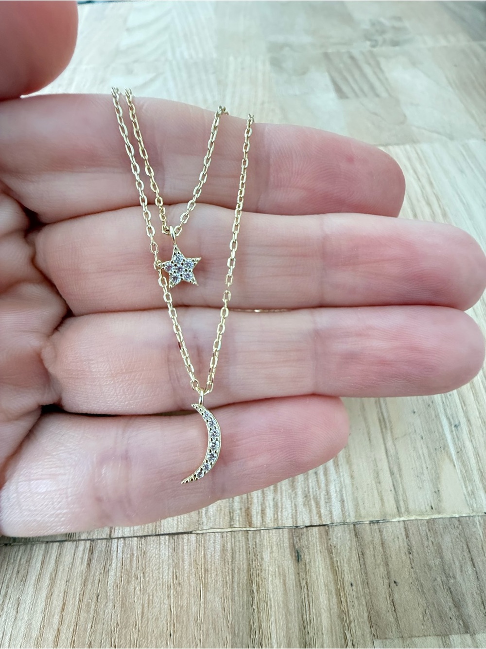 Dainty 925 Sterling silver gold tone crescent moon and star layered necklace